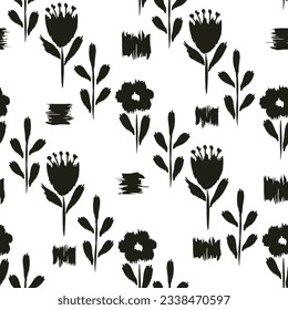 Modern art scandinavian seamless pattern of flowers and geometric shapes, wrinkled edges, black and white background. Fabric design, interior, wallpaper, underwear, cover