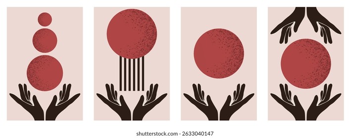 Modern art set. Vector illustration of contemporary surreal poster cover with black hands and red ball. Perfect Noise texture artwork for living room interior design. EPS 10
