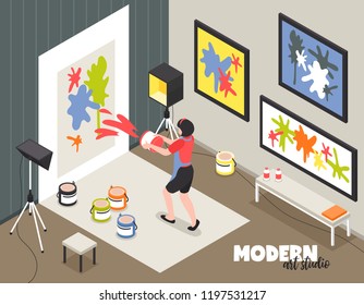 Modern art studio with woman artist during creative work with paints and canvas isometric vector illustration