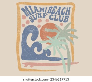 Modern art. Summer retro graphic print design. Beach vibes with board print design. Hand sketch beach vector design. Palm tree artwork. Beach wave. Miami beach surf club.