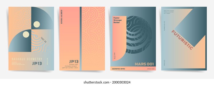 Modern art Swiss geometric gradient poster template set. Best for web art, magazine, cover, poster, identity, report, a4 paper. Geometric shapes with wavy lines and circles. Vector gradient background