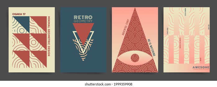 Conjunto de plantillas de afiches geométricos de triángulo de arte moderno. Mejor para arte web, revista, portada, afiche, identidad, reportaje, a4 papel. Gradientes geométricos retro con arte contemporáneo y diseño visionario. Vector.