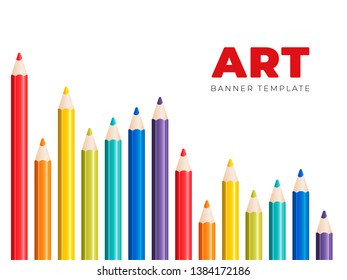 Modern art vector banner template. Rainbow colored pencils with place for text isolated on white. Sketch illustration for art school, studio, web, wallpaper.