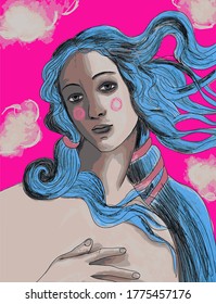 modern Art .vector illustration. the birth of venus. Botticelli. Italy. beautiful blonde girl. Renaissance. hair. female face. Pink background 