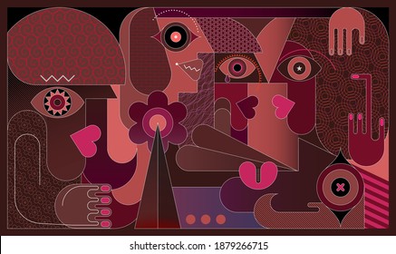 Modern art vector illustration of Group Of People. The women have not seen each other for a long time and now they are glad to meet.
