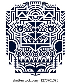 Modern Art Vector Illustration - Mask in Techno Tribal Style. Mix of monochrome Stripes and Shapes