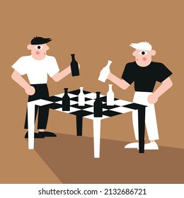 Modern art vector illustration two men drinking something from a bottle. Black and white, web design.