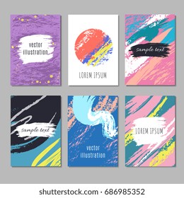 Modern art wallpapers vector set. Contemporary backgrounds with drawing artistic doodle texture. Fashionable banner with chaotic watercolor brush illustration