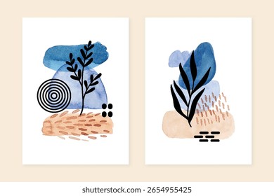 Moderna arte aquarela cartazes set. Design minimalista de pôster de arte de parede. Coberturas de meados do século com manchas de tinta aquarela e folhas.