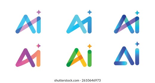 Modern artificial intelligence AI Logo Icon Collection with Sparkle and set of AI modern logo designs Gradient Artificial Intelligence logo set with transparent background or png	