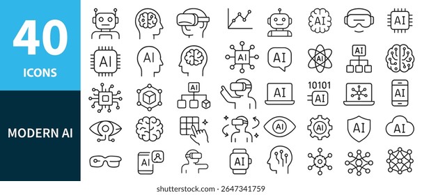Inteligência artificial moderna e ícone da ciência de dados definido no estilo do vetor de linha