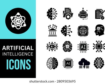 Modern artificial intelligence icon collection featuring AI, robotics, automation, neural processing, cloud computing and smart technology symbols for digital products.