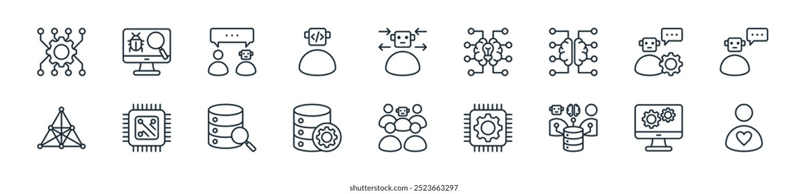 Ikonenpaket für moderne künstliche Intelligenz. perfekt für lineare UI-Designs mit Vektorgrafik-Human, Software, Big Data, Konfiguration, Interaktionen, Datenverarbeitung, Datenanalyse und mehr Symbolen für