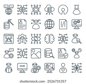 modern artificial intelligence icon pack. perfect for linear ui designs featuring vector framework, human, bug finding, robotic, computer and more icons.