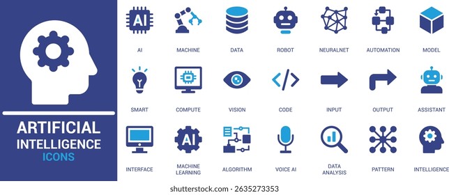 Modernes Icon-Set künstlicher Intelligenz mit Machine Learning, Roboter, Daten, neuronalem Netzwerk, Automatisierung, Code, Sprach-KI und Algorithmus. Perfekt für Tech- und KI-Projekte.


