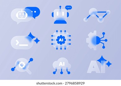Modern artificial intelligence icon set with translucent effect, isolated on light background. Glassmorphism style. AI assistant, neural network, prompt engineering, machine learning, etc