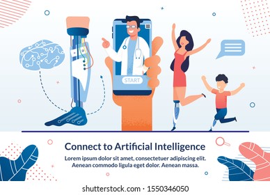 Modern Artificial Intelligence Technologies in Medicine Trendy Flat Vector Advertising Banner, Promo Poster. Disabled Woman and Boy Happy Because Their New Ai Robotized Leg Prosthesis Illustration