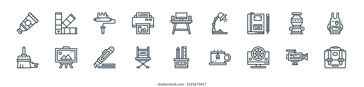 modern artis studio icon pack. perfect for linear ui designs featuring vector briefcase, video camera, color, teacup, pencil case, director chair, cutter and more icons for mobile and web apps.