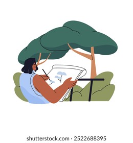 Artista moderno desenhando paisagem vista de trás. Pintor talentoso cria obras de arte do cenário da natureza. Criativa menina pintando o quadro de árvore ao ar livre. Ilustração de vetor isolado plano sobre fundo branco