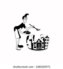 Modern artist paints various buildings, vector illustration is made in the form 
of black and white logo
