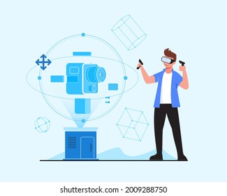 Modern artist sculpt 3d model with VR simulation glasses. Man wearing virtual reality glasses creates 3d artwork. Virtual reality technology for 3D design. Person painting using VR headset.