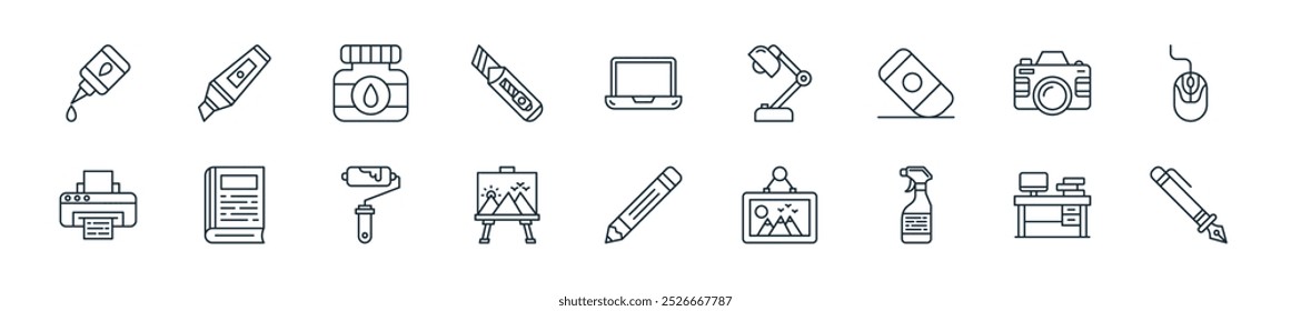 modern artist studio icon pack. perfect for linear ui designs featuring vector fountain pen, desk, spray container, frame, pencil, canvas, paint roller and more icons for mobile and web apps.