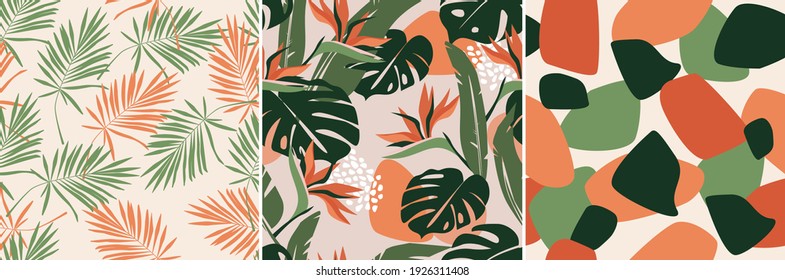 Modern artistic bright collage with tropical leaves, simple shapes, and strelitzia flowers. A set of seamless patterns. Contemporary exotic design for paper, cover, fabric, wallpaper, interior. Vector