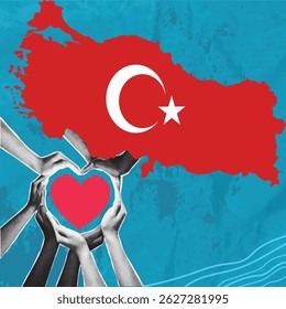 A modern artistic collage depicting hands forming a heart shape against the backdrop of the Turkish flag. The concept conveys the idea of travel and relaxation.