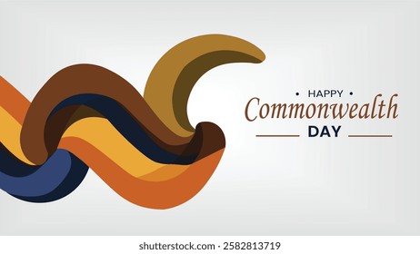 A modern, artistic design for Commonwealth Day featuring flowing waves in vibrant colors, symbolizing the harmony, unity, and diverse connections within the Commonwealth nations.