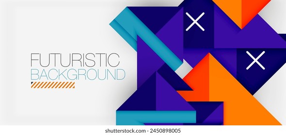 A modern and artistic design featuring geometric shapes like triangles and rectangles in electric blue and magenta. The futuristic background is filled with symmetry, patterns, and graphics