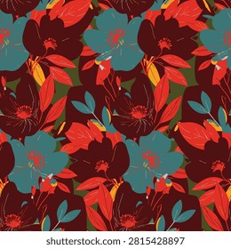 Modern artistic floral seamless pattern featuring dark red, orange, and teal teal flowers for fashionable apparel, luxury fabric, and wallpaper.