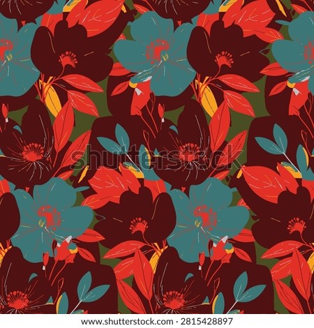Modern artistic floral seamless pattern featuring dark red, orange, and teal teal flowers for fashionable apparel, luxury fabric, and wallpaper.