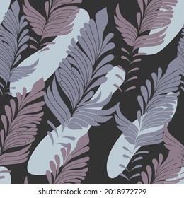 Modernes künstlerisches Illustrationsmuster mit Boho Federn.Collage violette Farben Elemente mit abstrakten Formen, arrangiert chaotisch.Vektor nahtlose modische Vorlage.