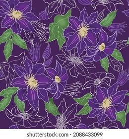 Modern artistic illustration pattern with clematis flower and leaf. Collage floral composition lilac  colors and outlines design elements,arranged chaotically.Vector seamless fashionable template.
