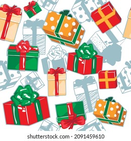 Modern artistic illustration pattern with colored 3D gifts decorated with bows arranged chaotically.Background of silhouettes with textures blue colors.Vector seamless fashionable template.