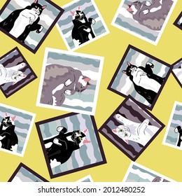 Patrón de ilustración artística moderna con retratos bonitos de gatos dibujados en estilo plano sobre amarillo, arreglados caóticamente. Mascotas en blanco y negro sobre un fondo rayado.Vector de plantilla de moda perfecta.