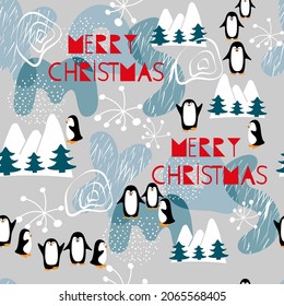 Modernes künstlerisches Illustrationsmuster mit süßen Pinguinen, Bergen, Tannenbäumen, abstrakten Formen und Text.Merry Christmasse Hintergrund in Blau-Weiß-Farben.Vektor nahtlose modische Vorlage.