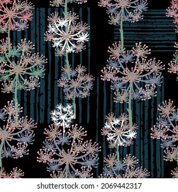 Patrón de ilustración artística moderna con inflorescencias de hierba sobre negro. Collage tonos pastel elementos de diseño botánico y formas abstractas rayadas en azul.Vector de plantilla de moda perfecta.