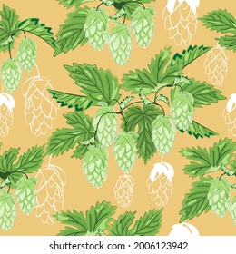 Patrón de ilustración artística moderna con brotes de lúpulo con hojas y conos.Plantas de color verde colgante y elementos de diseño de contornos, dispuestos caóticamente sobre amarillo.Plantilla sin costura vectorial.