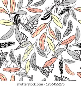 Modern artistic illustration pattern.Pastel tone boho foliage drawn with different textures.Creative collage with shapes.Seamless pattern.Fashionable template for design.