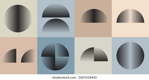Modern artistic layout set with semicircle design elements . Many lines form half circles in art style  . Wall art , home poster design . Vector abstract shape. Modern art . Contemporary composition .