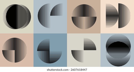 Modern artistic layout set with semicircle design elements . Many lines form half circles in art style  . Wall art , home poster design . Vector abstract shape. Modern art . Contemporary composition .