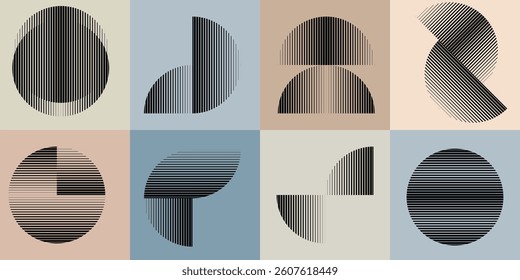 Modern artistic layout set with semicircle design elements . Many lines form half circles in art style  . Wall art , home poster design . Vector abstract shape. Modern art . Contemporary composition .