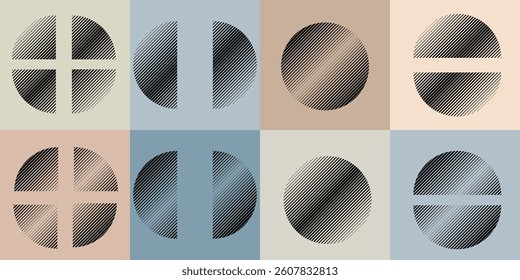 Modern artistic layout set with semicircle design elements . Many lines form half circles in art style . Wall art , home poster design . Vector abstract shape. Modern art . Contemporary composition . 