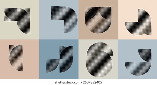 Modern artistic layout set with semicircle design elements . Many lines form half circles in art style . Wall art , home poster design . Vector abstract shape. Modern art . Contemporary composition . 