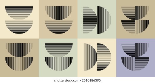 Modern artistic layout set with semicircle design elements . Many lines form half circles in art style . Wall art , home poster design . Vector abstract shape. Modern art . Contemporary composition . 