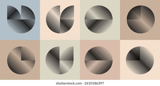 Modern artistic layout set with semicircle design elements . Many lines form half circles in art style . Wall art , home poster design . Vector abstract shape. Modern art . Contemporary composition . 