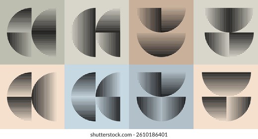 Modern artistic layout set with semicircle design elements . Many lines form half circles in art style . Wall art , home poster design . Vector abstract shape. Modern art . Contemporary composition . 