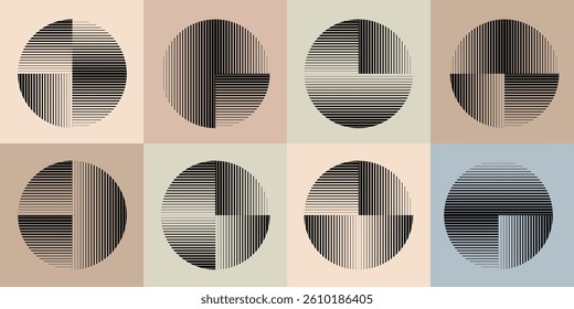 Modern artistic layout set with semicircle design elements . Many lines form half circles in art style . Wall art , home poster design . Vector abstract shape. Modern art . Contemporary composition . 