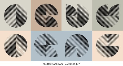 Modern artistic layout set with semicircle design elements . Many lines form half circles in art style . Wall art , home poster design . Vector abstract shape. Modern art . Contemporary composition . 